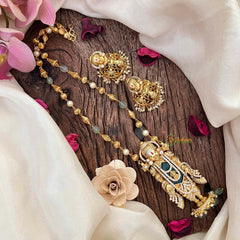 Vriksham Exquisite Matte Tirupati Balaji With Handcrafted Floral Jhumkas & Emerald Accents Pendant Chain-Aqua Green Bead-G21835