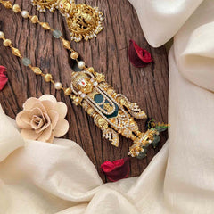 Vriksham Exquisite Matte Tirupati Balaji With Handcrafted Floral Jhumkas & Emerald Accents Pendant Chain-Aqua Green Bead-G21835