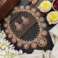 Vriksham Antique Gold Plated Lakshmi Coin Kundan Jadau Guttapusalu Long Neckpiece-Red White & Green-J3817