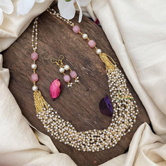 Elegant Pearl Layered Maala necklace-Pastel Pink Bead-G14983