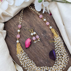 Elegant Pearl Layered Maala necklace-Pastel Pink Bead-G14983