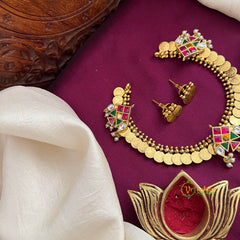 Lakshmi Coin With Three Adjustable Kundan Jadau Pendant Short Necklace-Red Green-Vriksham-J4283