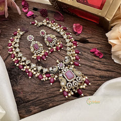 Victorian Diamond Short Neckpiece-Red White-Red Beads-VV1879