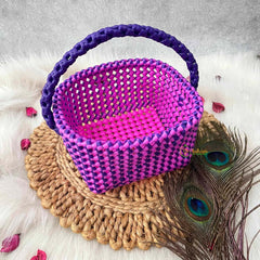Vriksham Handmade Square Dual-Tone Pink With Purple Handle Plastic Wire Basket Bag-KRG2170