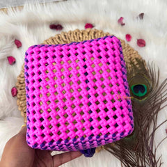 Vriksham Handmade Square Dual-Tone Pink With Purple Handle Plastic Wire Basket Bag-KRG2170