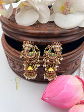 Peacock Feather Gold Look Earrings With Pearls & Green Bead Drop-Vriksham-G22540