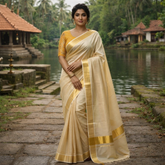 Vriksham Sandan Color Kasavu Plain Tissue Cotton Saree-Golden Zari Patti-VS4698