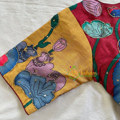 Maroon with Yellow Printed Cotton Silk Blouse -VS3063