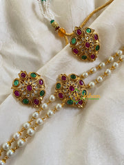 Gold look alike Pearl High Neck Choker-Red Green-Tilak-G6028