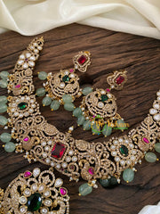 Pastel Green Bead Victorian Diamond Pendant Short Neckpiece -VV872