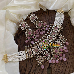 Pastel Pink Bead Layered Pearl Victorian Diamond High Neck Choker-VV1200
