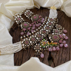 Pastel Pink Bead Layered Pearl Victorian Diamond High Neck Choker-VV1200