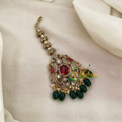 Victorian Diamond Maang Tikka -Red-Green Bead-VV637