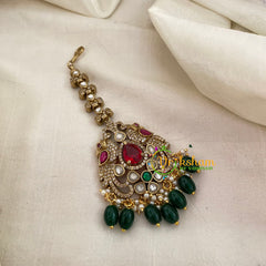 Victorian Diamond Maang Tikka -Red-Green Bead-VV637