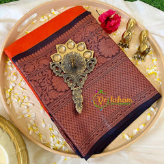 Orange with Blue Kora Muslin Saree-VS503