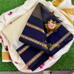 Half White and Dark Blue Border Saree-VS342