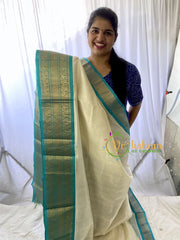 Half White Silk Cotton Saree with Aqua Blue Border-VS671