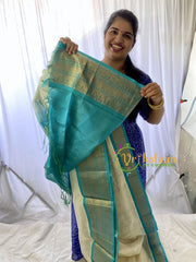Half White Silk Cotton Saree with Aqua Blue Border-VS671