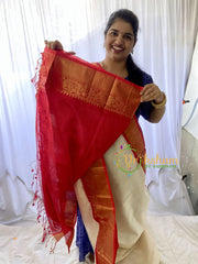 Half White Silk Cotton Saree With Dark Red Border-VS673