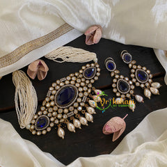Pearl Victorian Diamond High Neck Choker-Blue-VV001