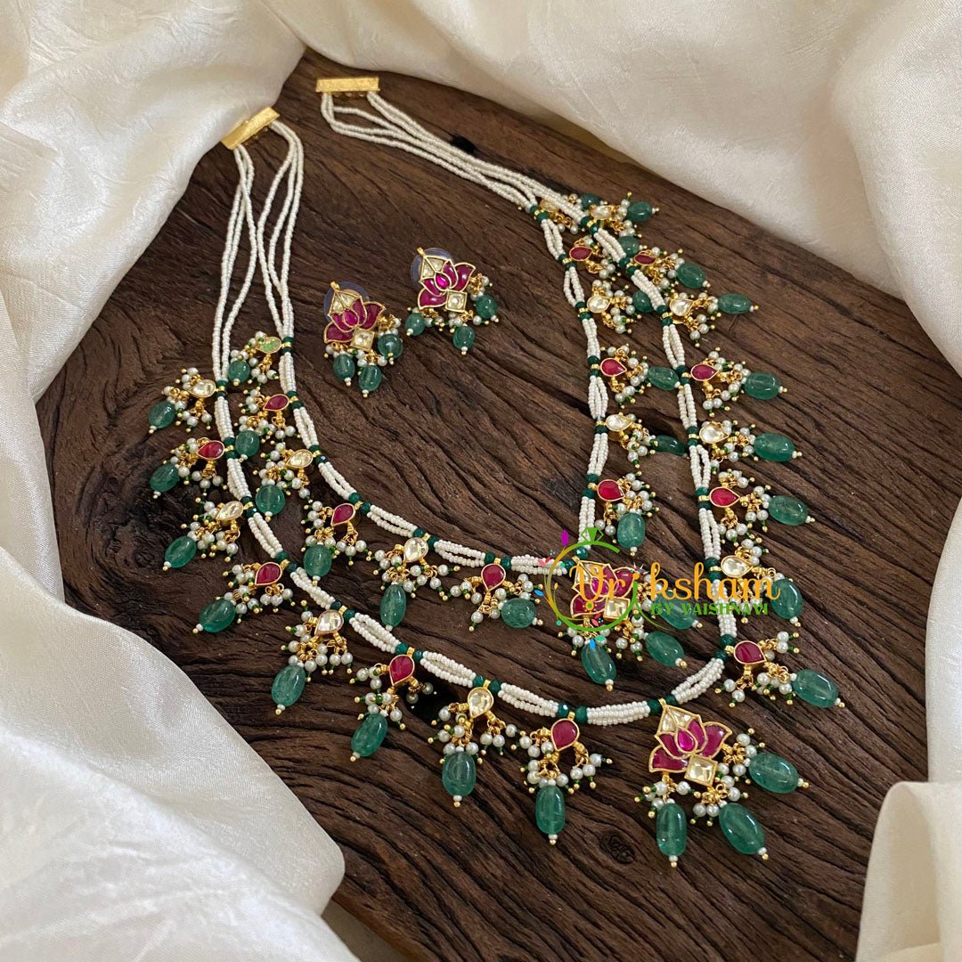 2 Layered Jadau Kundan Pearl Neckpiece -Lotus -J1398 - J1359-1 - vrikshamindia