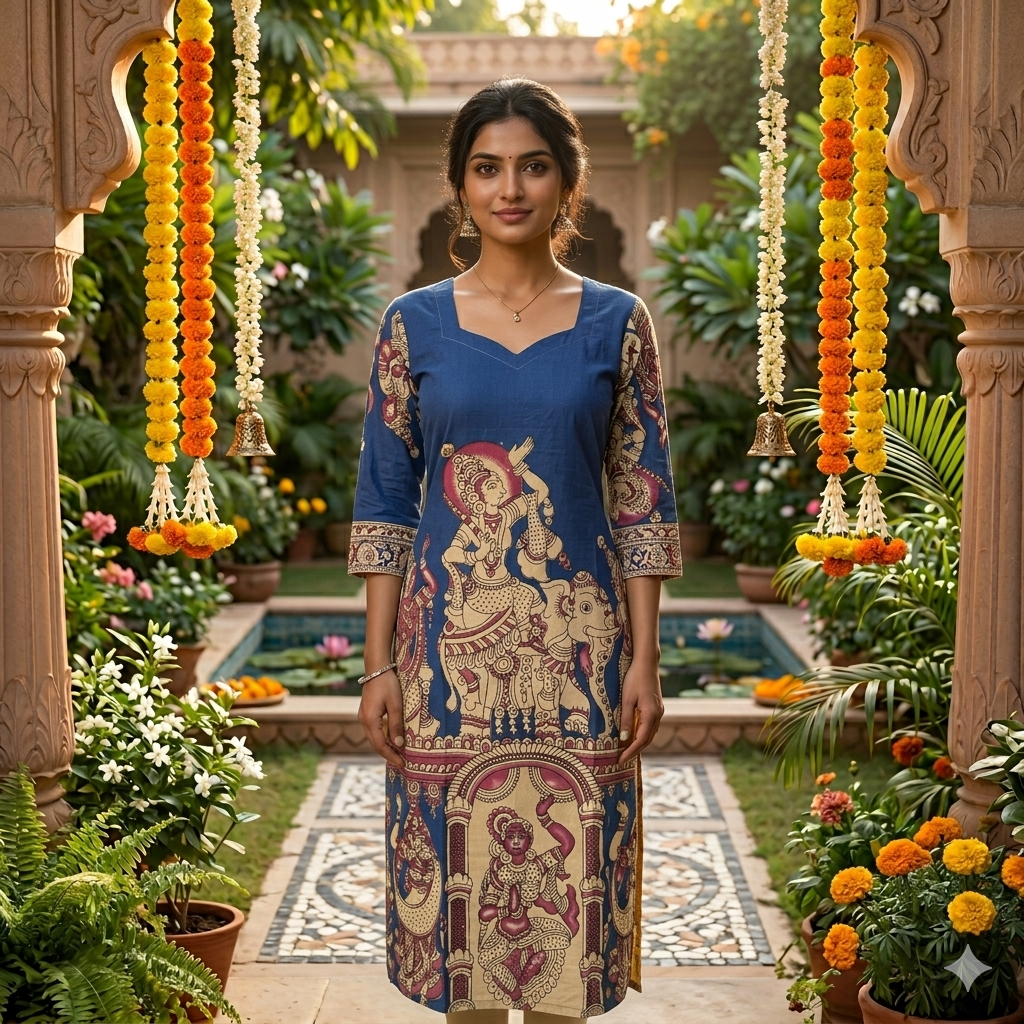 Blue Traditional Indian Motif Hand-block Print Kalamkari Kurti-Vriksham-VS5241
