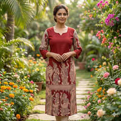 Dark Red With Elephant and Figurine Motifs Print Kalamkari Kurti-Vriksham-VS5238
