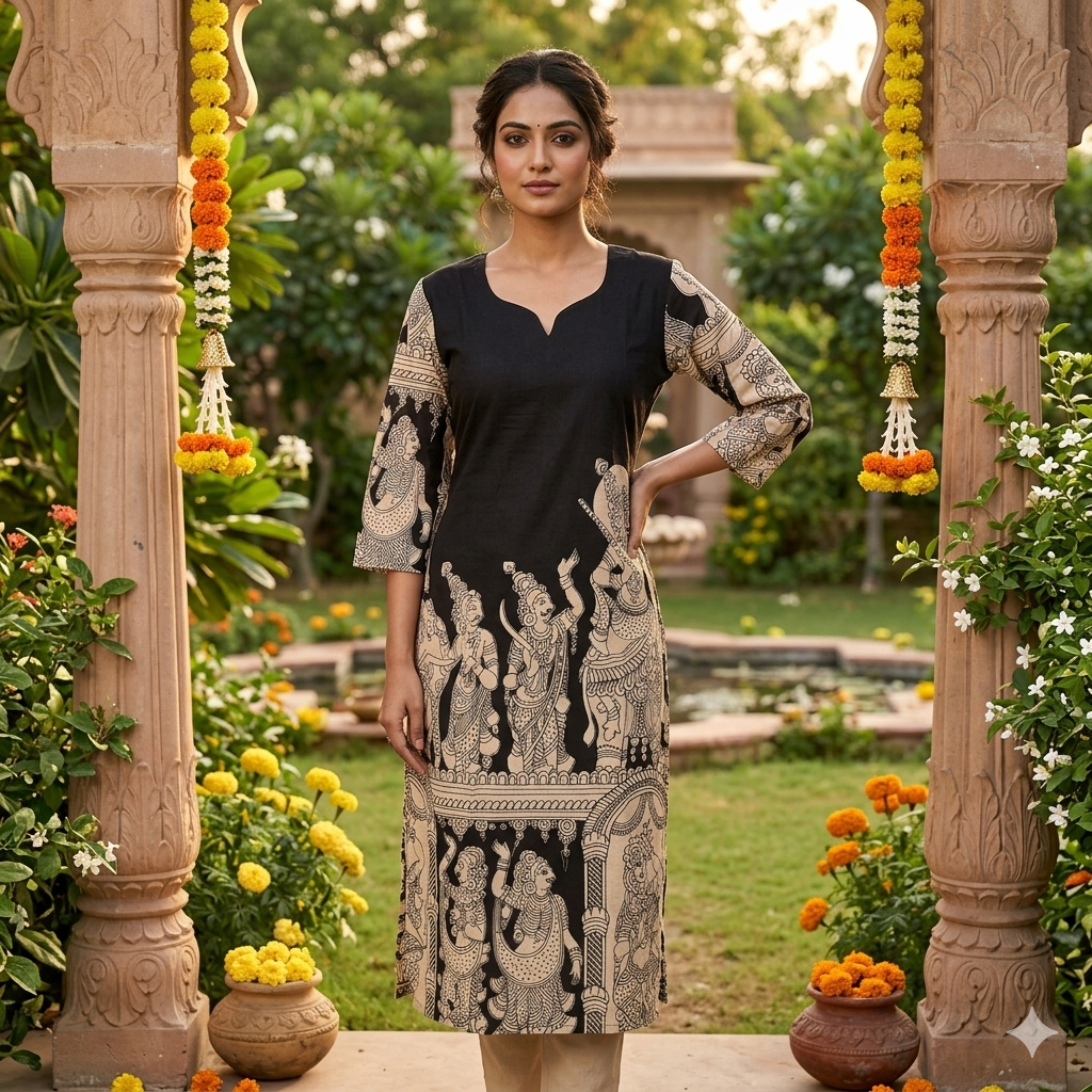 Black Traditional Mythological Character Print Kalamkari Kurti-Vriksham-VS5236