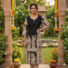 Black Traditional Mythological Character Print Kalamkari Kurti-Vriksham-VS5236