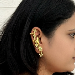 Gold-Plated Parrot and Floral Motif With Green Stone Accent Ear Cuff Earrings-Vriksham-G22888