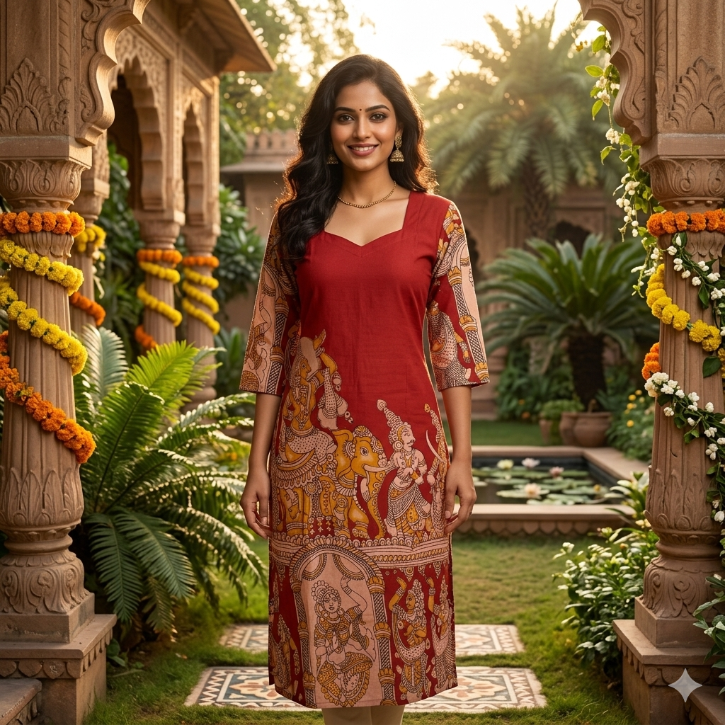 Maroon With Beige With Elephant Motifs Print Kalamkari Kurti-Vriksham-VS5239