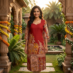 Maroon With Beige With Elephant Motifs Print Kalamkari Kurti-Vriksham-VS5239