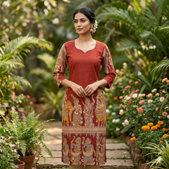 Brick Red Traditional Ethnic Wear Mythological Print Kalamkari Kurti-Vriksham-VS5237