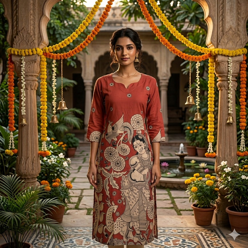 Maroon With  Figural & Peacock Motif  Print Kalamkari Kurti-Vriksham-VS5240