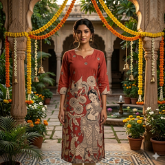 Maroon With  Figural & Peacock Motif  Print Kalamkari Kurti-Vriksham-VS5240