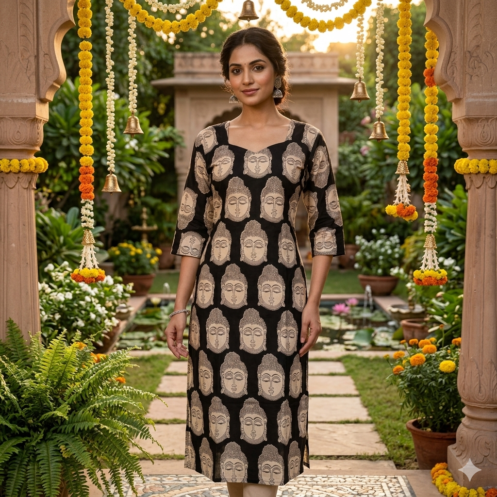 Black Handprinted Buddha Face Print Kalamkari Kurti-Vriksham-VS5242