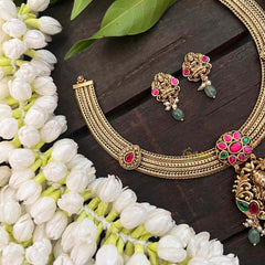 Vriksham Premium Lakshmi Pendant Jadau Addigai-Red Green-Pastel Green Bead-G21286