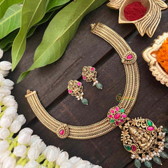 Vriksham Premium Lakshmi Pendant Jadau Addigai-Red Green-Pastel Green Bead-G21286