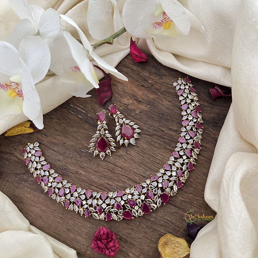 Elegant Victorian Diamond Short Neckpiece-Red-VV1916