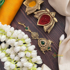Vriksham  Tilak Shape Green Stone 1 gm Gold Maang Tikka-G20337