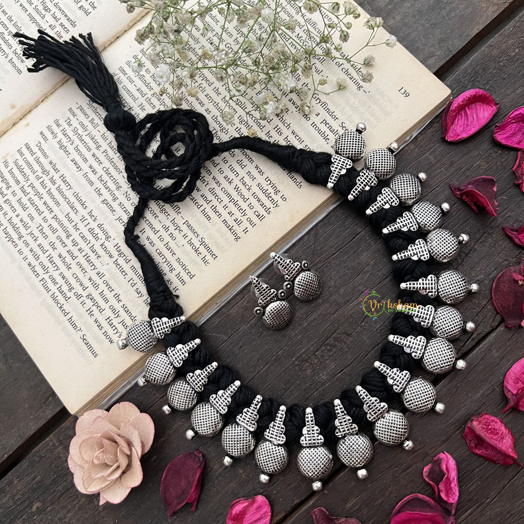 Vriksham Antique Oxidized Silver Coin Ball Necklace With Temple Dome Motifs Neckpiece-S921