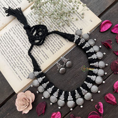 Vriksham Antique Oxidized Silver Coin Ball Necklace With Temple Dome Motifs Neckpiece-S921