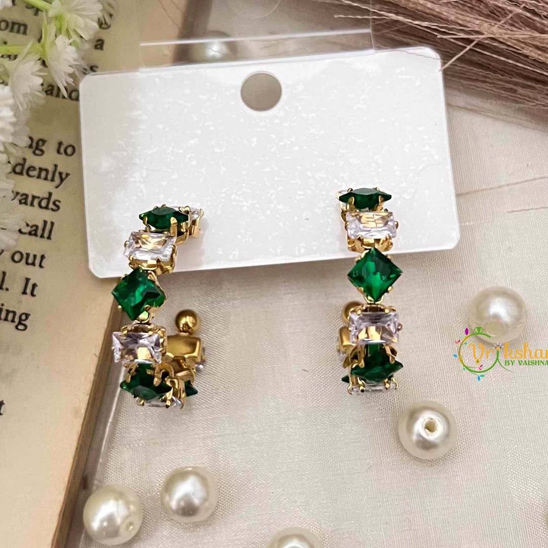 Vriksham Emerald Green and White Crystal Alternating Square Anti Tarnish Drop Earrings-G21931