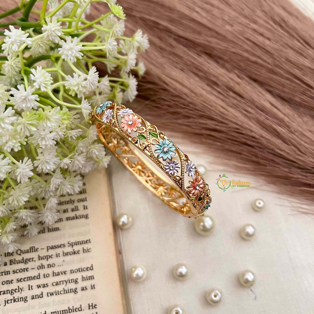 Vriksham Classic Pitch & Aqua Blue Floral Enamel Gold-Finish  Open-Style Bracelet-G21922