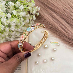 Vriksham Classic Pitch & Aqua Blue Floral Enamel Gold-Finish  Open-Style Bracelet-G21922