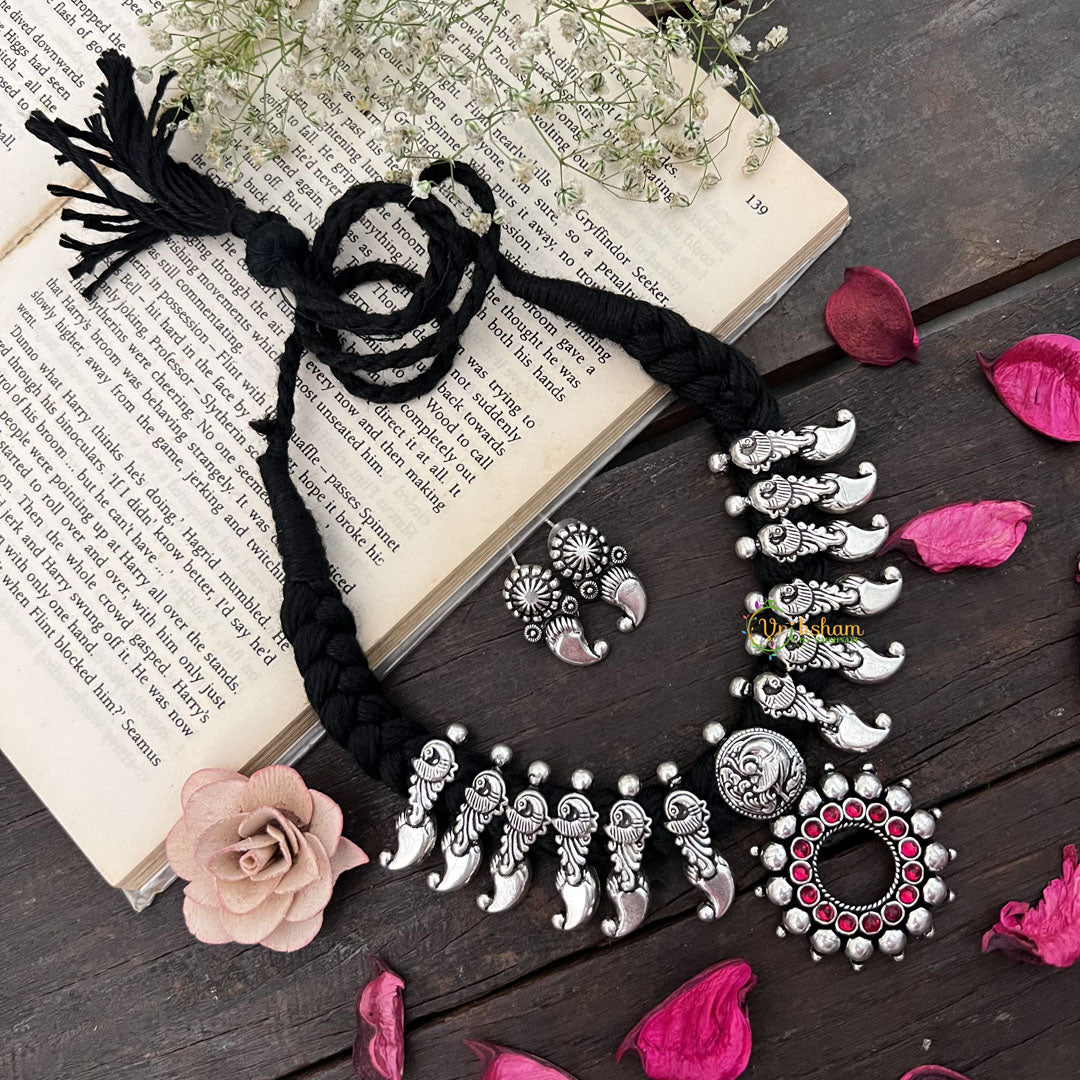 Vriksham Oxidized Silver Parrot Charm With Pink Stone Sunburst Pendant Neckpiece-Red-S937