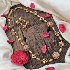 Vriksham Elegant Antique Gold Ball With Red Ruby Circle Beaded necklace-G20664