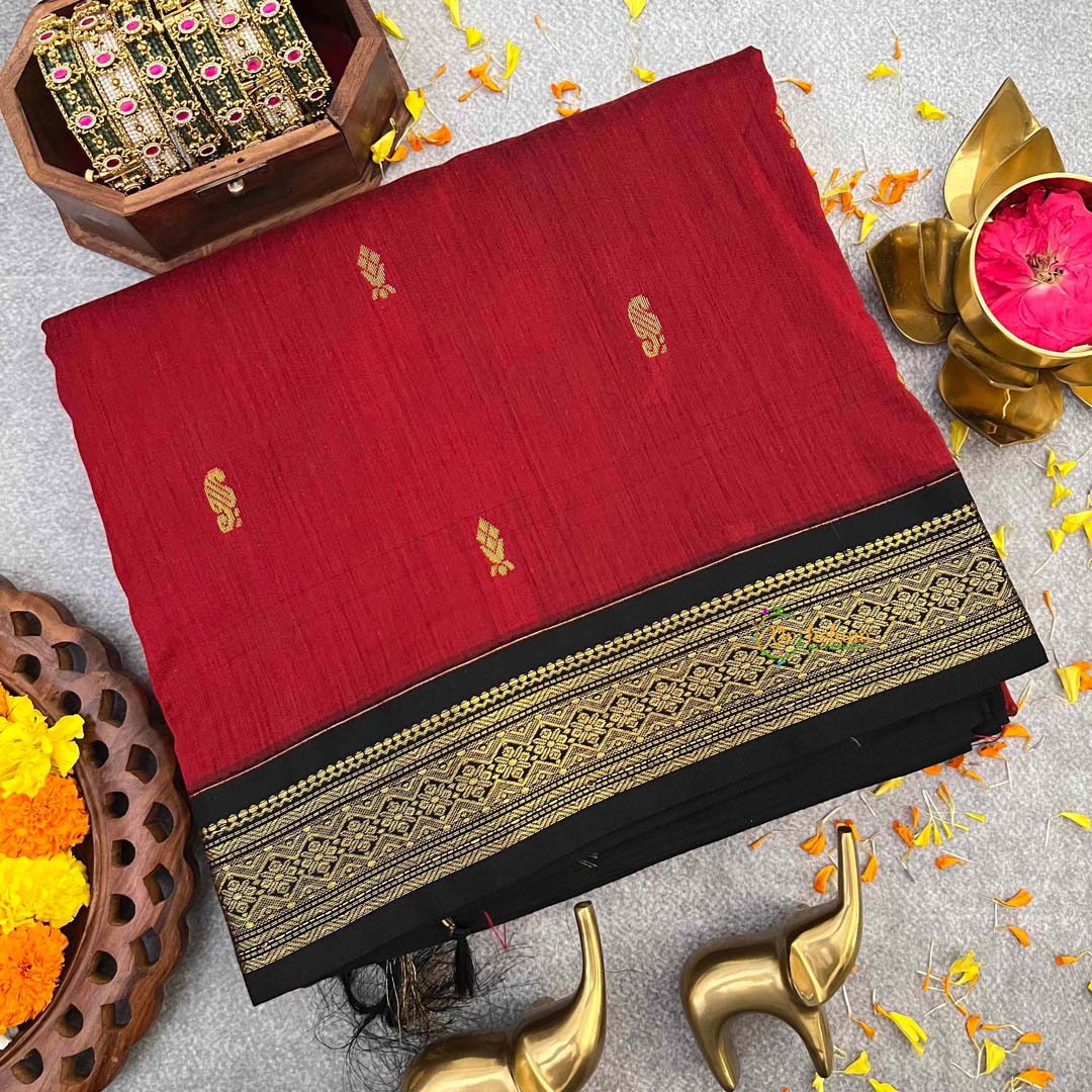 Vriksham Maroon & Black  Border With Butta Design Kalyani Cotton Saree-VS4950