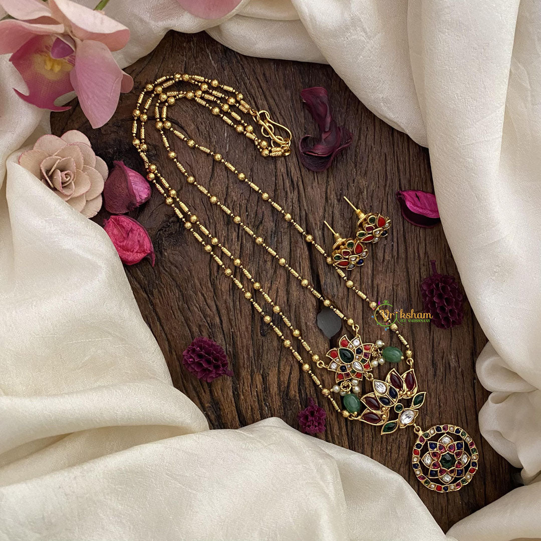 Vriksham 2 Layer Navrathna Lotus Pendant Chain-Green Bead-G15660
