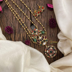 Vriksham 2 Layer Navrathna Lotus Pendant Chain-Green Bead-G15660